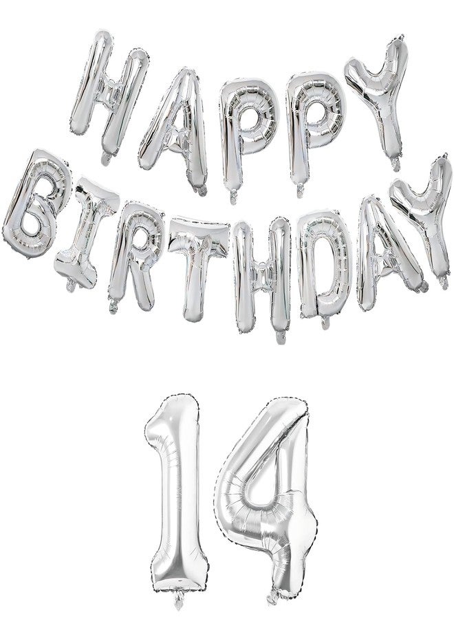 Flyloons 14th Silver Happy Birthday Foil Balloon Set for 14 Year Old Boys Girls Teenage | with Number Fourteen | 13 Letters Reusable Happy Birthday Metallic Foil Balloons Decoration Kit,15 piece - Image 1